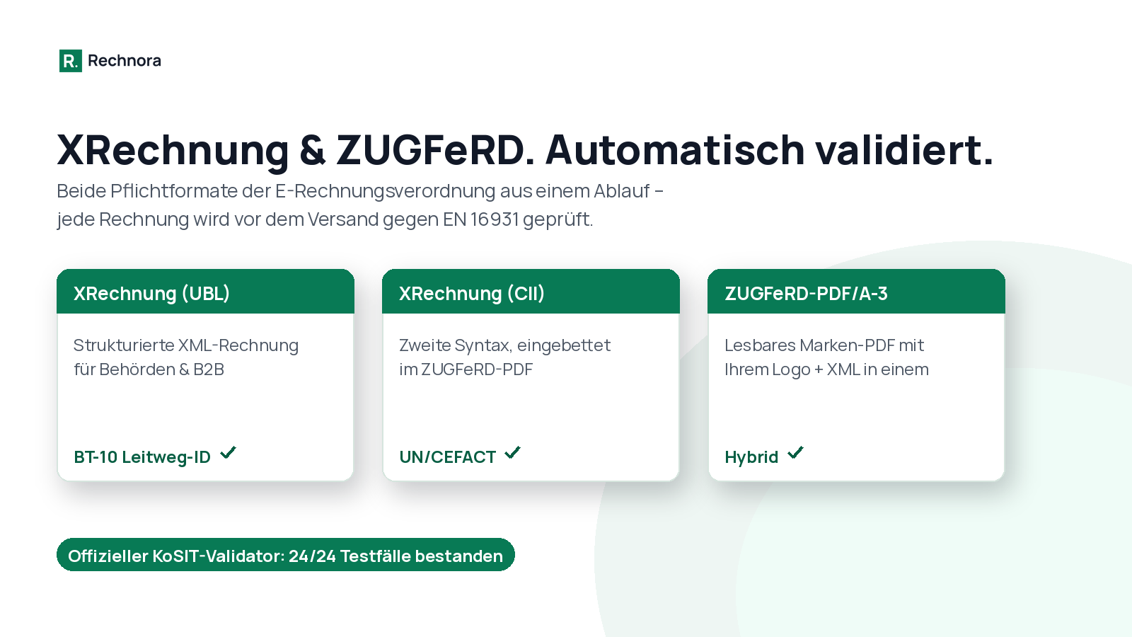 Rechnora unterstützt XRechnung (UBL), XRechnung (CII) und ZUGFeRD-PDF/A-3 – mit dem offiziellen KoSIT-Validierungswerkzeug geprüft